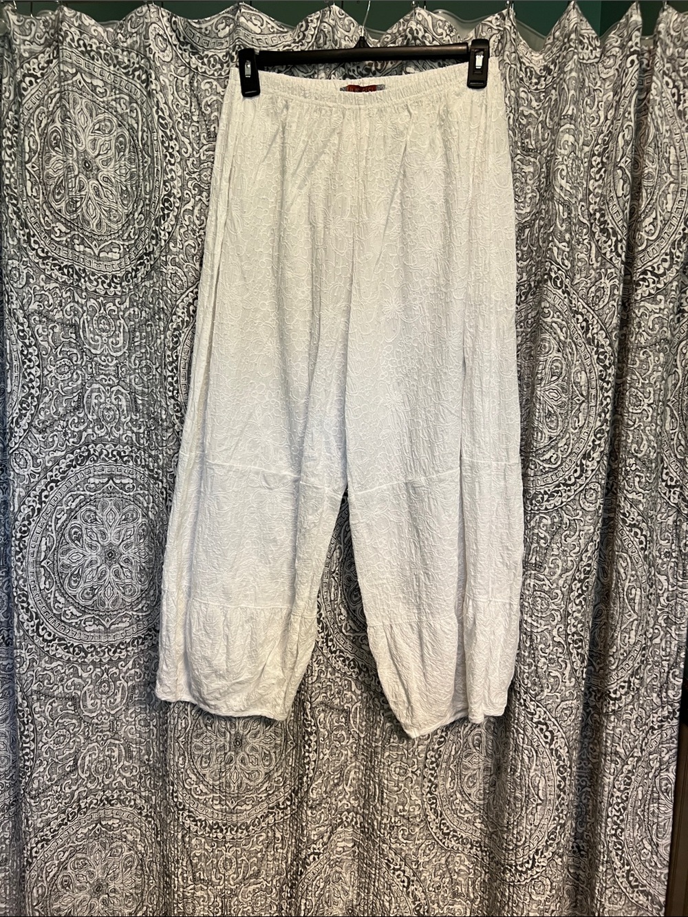 Blue Fish NWT style# 3224 White Cotton Embroidered Cropped Elastic Waist Pants